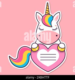 Notebook-Etiketten. Einhorn und Herz. Beschriftungen notieren. Babyaufkleber. Schulaufkleber. Vektorgrafik. Stock Vektor