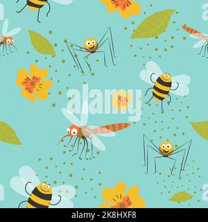 Insektencharaktere, Mücke und Bienenmuster Stock Vektor