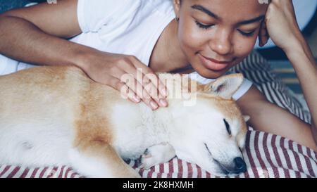 Nahaufnahme des liebenden Hundebesitzers, der liebliches Haustier streichelt, das zusammen auf dem Bett liegt, streichelt das Mädchen niedliches Tier und kratzt an seinem Fell, was Liebe und Zärtlichkeit ausdrückt. Stockfoto