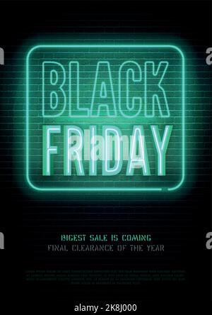 Black Friday große Rabatte realistische Vektor Flyer Vorlage. Saisonale Clearance blau grün Verkauf Anzeige Neonlicht auf dunklem Hintergrund. Stilvolles, luxuriöses Store-Special-Preis-Banner-Design mit Copyspace Stock Vektor