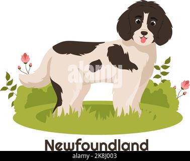 Neufundland Hund Tiere mit Schwarz, Braun oder Landseer Farbe in flachem Stil Cute Cartoon Template Handgezeichnete Illustration Stock Vektor