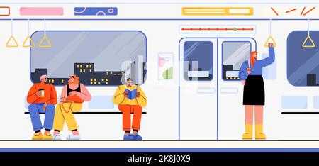 Glückliche Menschen in der U-Bahn, flache Vektorgrafik. Pendeln von Fahrgästen, sitzen und reden, Buch lesen, stehen in der städtischen U-Bahn. Blick auf die Stadt bei Nacht im Fenster. Öffentliche Verkehrsmittel Stock Vektor
