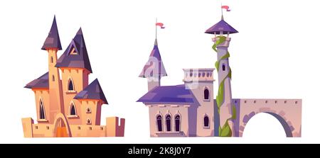 Set von Cartoon Fantasy Burgen auf weißem Hintergrund isoliert. Vektor-Illustration von Märchenpalast mit Steinfestung und hohen Türmen. Mittelalterliches Königliches Gebäude. Elemente der Benutzeroberfläche oder des Buchdesigns Stock Vektor
