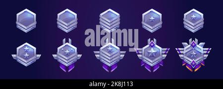 Satz von Game Rank-Symbolen auf dunkelblauem Hintergrund isoliert. Sammlung von sechseckigen Silber-, Platin- oder Stahlmedaillen mit glänzenden Metallsternen und -Flügeln. Pokalabzeichen der Stufe. Vektorgrafik Stock Vektor