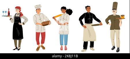 Personal im Restaurant oder Café mit Koch, Küchenhelfern und Kellnerin. Diverse Männer und Frauen in Schürze, Häuptling und Uniform mit Brot, Tablett mit Wein und Gericht, Vektor-Handgezeichnete Illustration Stock Vektor