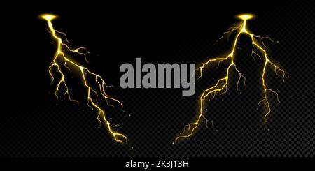 Blitzeinschlag, Gewitter, Gold- oder gelbes elektrisches Gewitter. Isolierte starke elektrische Entladung, Schraube, Aufprall, Riss, magische Energie Blitz, Realistische 3D-Vektor-Illustration Stock Vektor