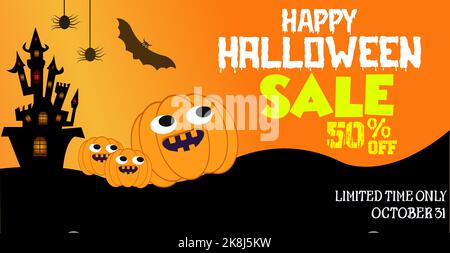 Halloween-Verkauf Promotion Poster Vorlage. Halloween Cute Kürbisse und Burg schwarze Fledermäuse, Spinne Spooky Silhouette Hintergrund. Stock Vektor