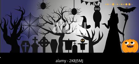 Halloween All Design Element Paket. Halloween Hintergrund Copyspace, geheimnisvolle Landschaft Grabstein Friedhof, Cartoon Hexenhaus, Haunted House, Pumpe Stock Vektor