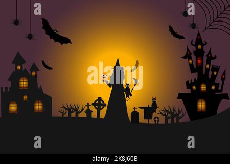 Halloween Hintergrund Copyspace, geheimnisvolle Landschaft Grabstein Friedhof, Cartoon Hexenhaus, Haunted House, Kürbisse Eule und Fledermäuse.Spooky Horor Cartoon Stock Vektor