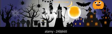 Halloween All Design Element Paket. Halloween Hintergrund Copyspace, geheimnisvolle Landschaft Grabstein Friedhof, Cartoon Hexenhaus, Haunted House, Pumpe Stock Vektor