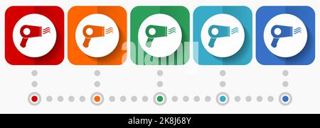 Haartrockner, Vektor-Symbole für Schönheitssalon, Infografik-Vorlage, Satz flacher Design-Symbole in 5 Farboptionen Stock Vektor