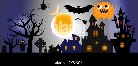 Halloween All Design Element Paket. Halloween Hintergrund Copyspace, geheimnisvolle Landschaft Grabstein Friedhof, Cartoon Hexenhaus, Haunted House, Pumpe Stock Vektor