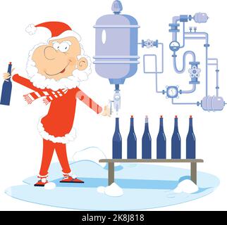 Rohrkonstruktion und Weihnachtsmann Flaschen alkoholische Getränke Illustration. Rohrkonstruktion und lächelnde Arbeiter Flaschen Wein, Bier, Whiskey oder champa Stock Vektor