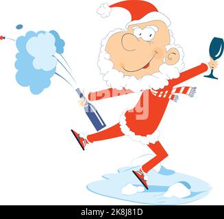 Weihnachtsmann, Flasche, Glas und Champagner spritzt isolierte Illustration. Komisch tanzender Weihnachtsmann hält eine Flasche Wein oder Champagner und ein Glas Stock Vektor