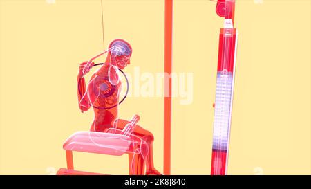 Abstrakte 3D-Kunst eines Mannes auf dem Lat Pulldown Maschine Stockfoto