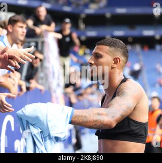 Sabadell, Barcelona, Spanien. 23. Oktober 2022. Barcelona Spanien 23.10.2022 Vinicius Souza (Espanyol Barcelona) Gesten während der La Liga Santander zwischen Espanyol und Elche CF am 23. Oktober 2022 im RCDE Stadion in Barcelona. (Bild: © Xavi Urgeles/ZUMA Press Wire) Stockfoto