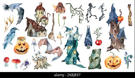 Bunte Halloween Clipart mit Haunted House Aquarell Illustration isoliert auf weiß. Zauberhütte, Fledermaus, Krähe und Spinne, Kürbis, Pflanzen von Hand gezeichnet. Stockfoto