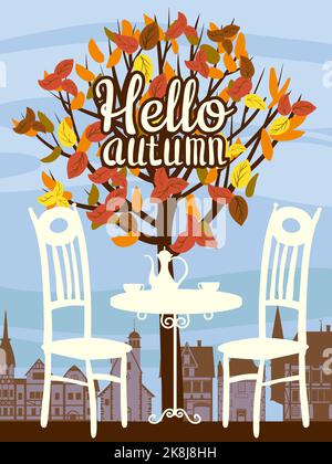 Poster Hallo Herbstcafe, draussen, Baum, Herbststimmung, Nacht Stock Vektor