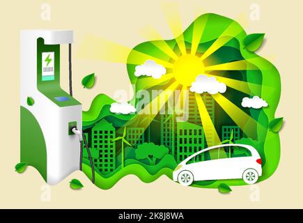 Elektroauto Ladegerät Station Papier Schnitt Vektor Stock Vektor