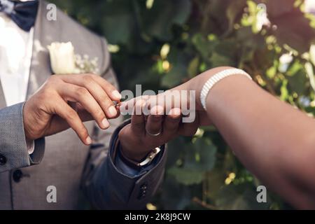 Dieser Ring ist ein Zeichen meiner Liebe zu Euch. Ein unverkennbares Paar tauscht während der Hochzeitszeremonie Ringe aus. Stockfoto