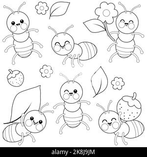 Niedliche Ameisenwanzen. Schwarz-Weiß-Malseite Stockfoto