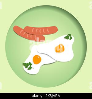 Spiegeleier mit Würstchen und Petersilie auf grünem Hintergrund, Vektorgrafik Stock Vektor