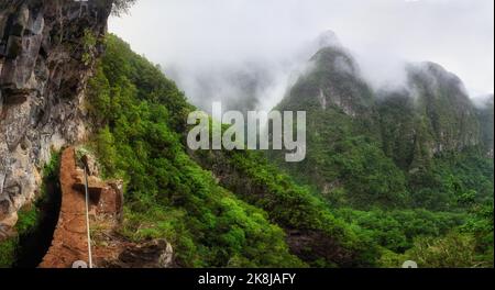 Wanderer gehen auf einem schmalen Pfad am Rande des Felsens während des Levada do Caldeirao Verde Trail. Neblig grüne Berge im Hintergrund. Gefährliches Wandern. Stockfoto