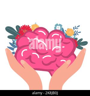 Vektor-Illustration Welttag der psychischen Gesundheit. Vektor-Illustration Welttag der psychischen Gesundheit. Schriftzug Hände halten das Gehirn Stock Vektor