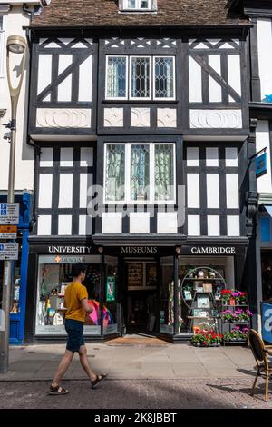 Der Souvenirladen der University of Cambridge Museums befindet sich in einem Tudor-Gebäude an der Kings Parade, Cambridge, Großbritannien. Stockfoto