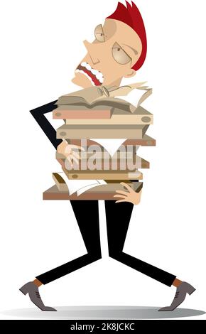 Müde Mann hält Stapel von Papieren oder Bücher Illustration. Müde Mann hält große Stapel von Papieren oder Büchern in beiden Händen isoliert auf weiß Stock Vektor