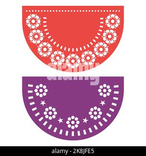 Papel Picado Vektor-Vorlage Design-Set aus zwei Party-Dekorationen, mexikanische Fiesta Girlande Dekor mit Blumen und leeren Raum für Text Stock Vektor