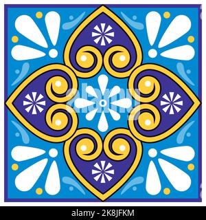 Mexikanisches talavera Blumenmuster Vektor Single Fliese nahtloses Design mit Blumen und Blättern in blau und gelb Stock Vektor