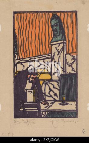 Ernst Ludwig Kirchner (1880 – 1938) war ein deutscher expressionistischer Maler und Grafiker - Head Waiter in Café, 1904 - Farbholzschnitt in violett, orange, Stockfoto