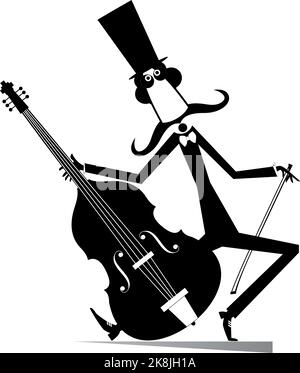 Cartoon langen Schnurrbart Cellist isolierte Illustration. Lächelnder Schnurrbart-Mann im Zylinderhut mit Cello und Fiddlestick schwarz auf weißer Abbildung Stock Vektor