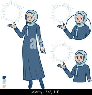 Eine arabische Frau in Hijab mit manipulierenden Lichtbildern.Es ist Vektorgrafik, so dass es einfach zu bearbeiten ist. Stock Vektor