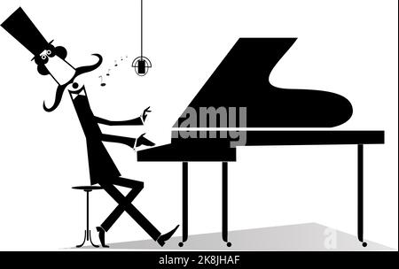 Pianist Original Silhouette isoliert. Der Schnurrbart-Gentleman im Hut spielt Musik auf dem Klavier und singt Stock Vektor