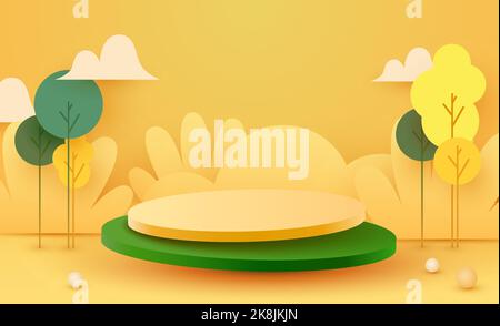 Abstrakt eco Herbst Szene Hintergrund. Zylinder Podium mit Bäumen. Produktpräsentation, Mock-up, zeigen natürliche kosmetische Produkt. Podium, Bühnenpodest oder Plattform. Vektorgrafik Stock Vektor