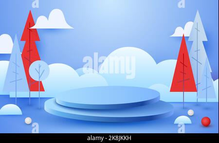 Abstrakter Hintergrund der Eco-Winterszene. Zylinder Podium mit Bäumen. Produktpräsentation, Mock-up, zeigen natürliche kosmetische Produkt. Podium, Bühnenpodest oder Plattform. Vektorgrafik Stock Vektor