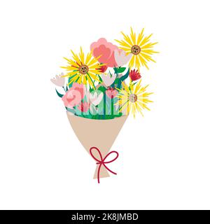 Ein Strauß verschiedener Blumen, umhüllt von Kraftpapier. Vektorgrafik im flachen Stil isoliert Stock Vektor