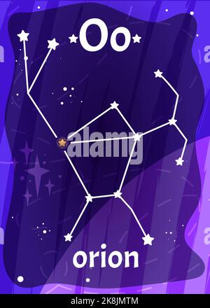 Bedruckbare Flash-Karte mit dem Buchstaben O. Cartoon-Sterne in Orion-Konstellation mit englischem Wortnamen auf der Flashkarte für die Kindererziehung. Kinderkarten für den Unterricht Lesen im Kindergarten. Stock Vektor