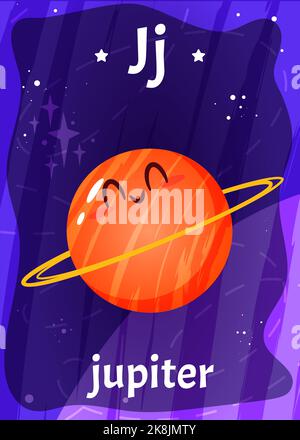Druckbare Raum Alphabet Flashcard mit Buchstabe J. Cartoon niedlichen jupiter Planeten in Sonnensystem mit englischem Wort auf Flash-Karte für Kinder Bildung. Kinderkarten für den Unterricht Lesen im Kindergarten. Stock Vektor