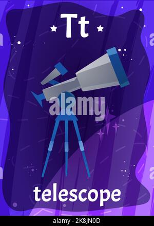 Bedruckbare Raum-Alphabet-Flashkarte mit Buchstabe T. Cartoon-Teleskop mit Stativ und englischem Wortnamen auf Flash-Karte für die Kindererziehung. Kinderkarten für den Unterricht in der Vorschule oder im Kindergarten. Stock Vektor