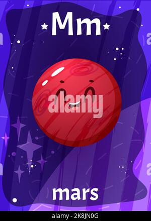 Druckbare Raum Alphabet Flashcard mit Buchstabe M. Cartoon niedlichen mars-Planeten in Sonnensystem mit englischen Wortnamen auf Flash-Karte für Kinder Bildung. Kinderkarten für den Unterricht Lesen im Kindergarten. Stock Vektor