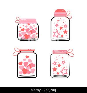 Set aus niedlichen Gläsern mit Herzen und Sternen. Vektorlinien-Symbole für den Valentinstag isoliert Stock Vektor