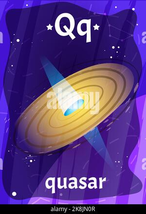 Druckbare Raum Alphabet Flashcard mit Buchstabe Q. Cartoon Quasar oder schwarzes Loch mit englischem Wort auf Flash-Karte für die Kindererziehung. Kinderkarten für den Unterricht im Kindergarten oder in der Vorschule. Stock Vektor