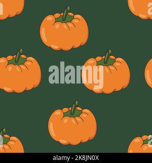 Nahtloses Muster von leuchtenden halloween Kürbissen auf farbigem Hintergrund. Beängstigende und lustige Gesichter. Niedlicher Kürbis oder Geist. Vektor Herbst Urlaub Illustration Stock Vektor