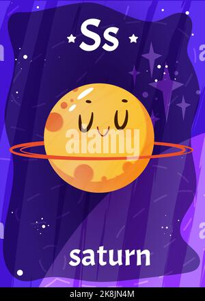 Druckbare Raum Alphabet Flashcard mit Buchstabe S. Cartoon niedlichen saturn-Planeten in Sonnensystem mit englischen Wortnamen auf Flash-Karte für Kinder Bildung. Kinderkarten für den Unterricht Lesen in der Vorschule. Stock Vektor