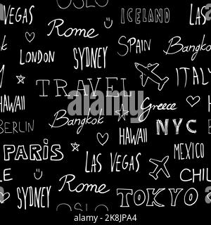 Welt Städte Hintergrund. Nahtlose Vektormuster für Ortsnamen von Reisezielen. Coole Reisekritzel-Textur. Weiß auf Schwarz. Stock Vektor