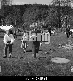 Oslo, 17. Mai 1961. Israels Außenminister Golda besucht Norwegen noch mehr. Hier bei einer Gartenfirma bei Jens Chr. Hauge. Der Eierlauf ist in vollem Gange. Hier mit ihren eigenen Eiern sind Gunnar Randers und Golda mehr. Foto: Aage Storløkken / Aktuell / NTB Stockfoto