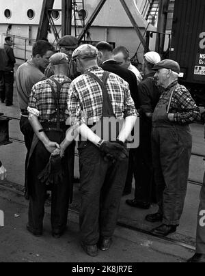 Oslo Juni 1963: Im April 1963 verabschiedete das parlament in Südafrika neue drastische Apartheid-Gesetze, die die Kluft zwischen farbigen und weißen Rechten noch größer machten. Es kam zu Demonstrationen gegen das Regime auf der ganzen Welt, mit Forderungen nach Boykott südafrikanischer Waren. Hier diskutieren die Brauer am Kai in Oslo, ob das Boot mit südafrikanischen Früchten entladen werden soll. Sie fühlen sich nicht wie es, aber sie müssen, sonst wird die Reederei machen sie die Pipeline von Tees. Ältere Männer mit karierten Hemden und sechzig-Pence-Hüten. Foto: Storløkken / currentl / NTB Stockfoto